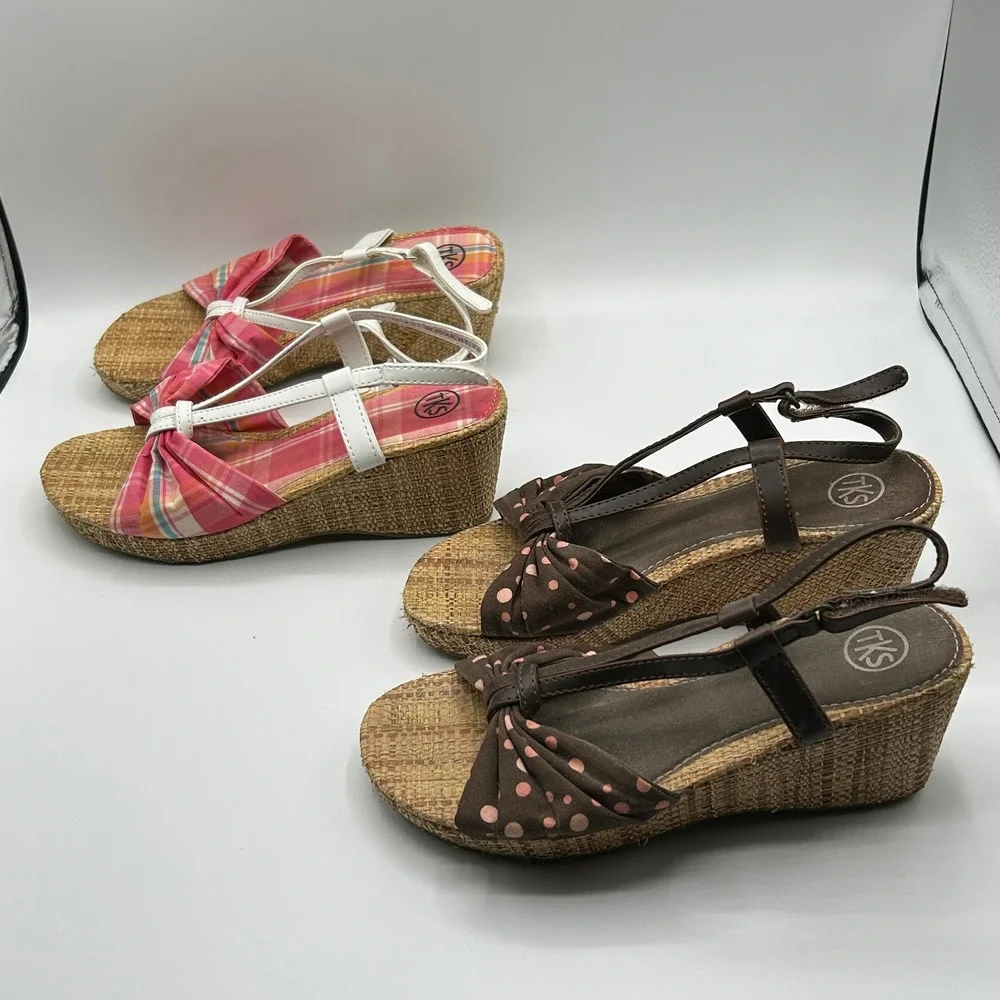TKS Phoebe 556 Girls Wedge Sandals Lot 2 Pairs Pink Plaid Brown Polka Dot 3M
